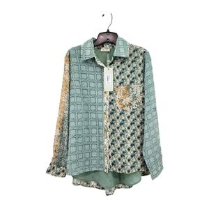 Miss Me Women's 100% Polyester Mixed Print Button Front Low-High Hem Boho Shirt
